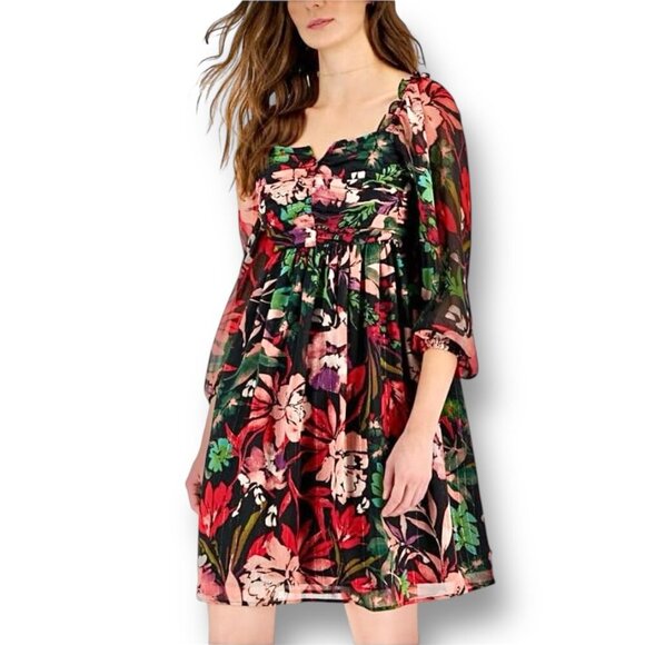 Tahari ASL 12 Black Red Floral Chiffon Mini Dress Cocktail Party Festival NWT - Picture 1 of 14